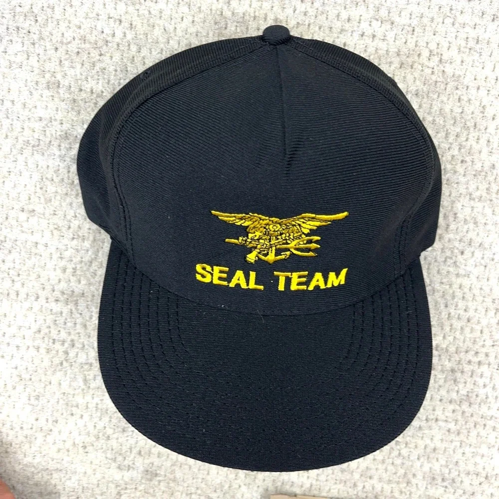 Vintage US Navy SEAL Team Hat Cap Snapback Made In USA Black Yellow Military 90s